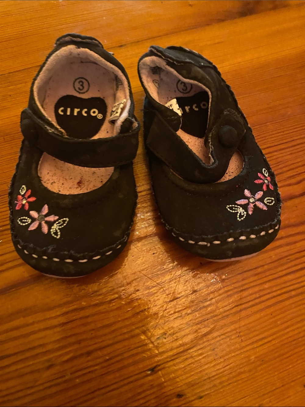 Circo Black Mary Jane Shoes with Pink Floral Accents
